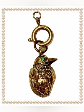 Charm Pendant - vintage brass Bird w/green crystal eyes - Joan Rivers - w/extend